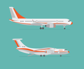 Airliner and cargo airplane on blue background. Flat style. Vector illustration.
