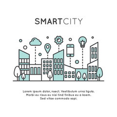 Vector Icon Style Illustration of Smart City Concept and Technology, One Page Web or Mobile Template Composition with Cloud, Buildings, Devices and Smart Solutions