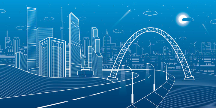 Highway under the bridge. Night city on background, neon town, business buildings, towers and houses on skyline, infrastructure illustration, airplane fly, urban scene, vector design art