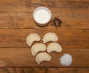 Dumplings with cottage cheese and sour cream closeup.