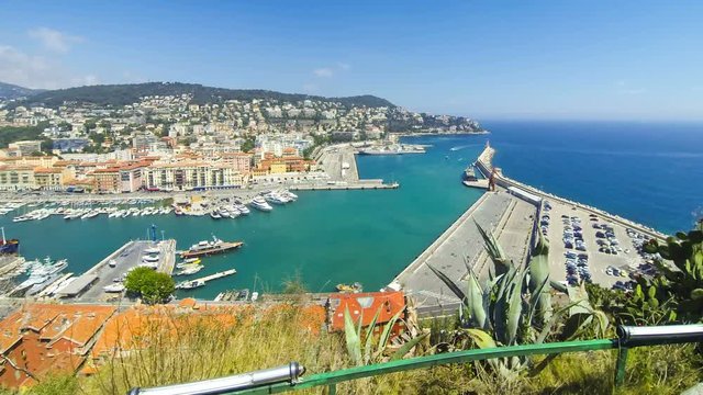 Aerial View on Port of Nice with Luxury Yachts, French Riviera, France. Time Lapse. 4K UltraHD