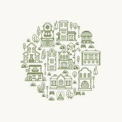 Real estate city buildings. Stock vector line art illustration