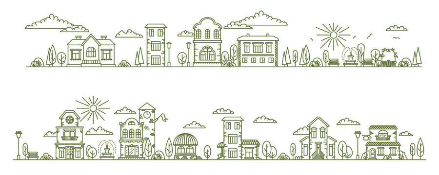 Real estate city buildings. Stock vector line art illustration