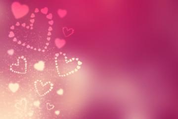 Fototapeta na wymiar Pink abstract Valentines Day festive background and heart bokeh, glitter or circles lights with hearts. Round defocused particles