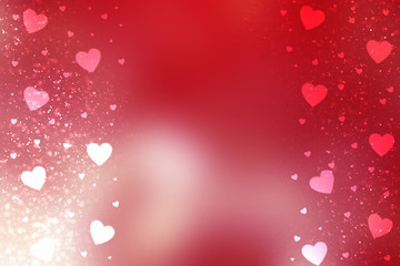 Red abstract Valentines Day festive background and heart bokeh, glitter or circles lights with hearts. Round  defocused particles