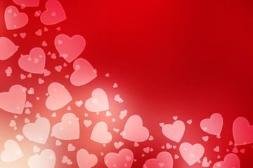 Red abstract Valentines Day festive background and heart bokeh, glitter or circles lights with hearts. Round  defocused particles
