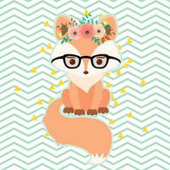 Fox in glasses in floral wreath