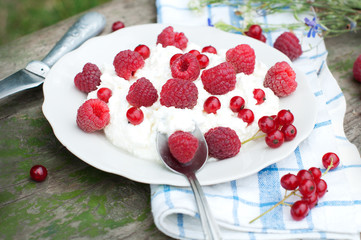 Cottage cheese with raspberry and currant. Dessert with berries