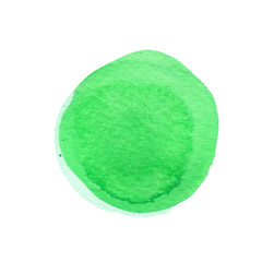 Green round watercolor brush stroke isolated on white. Watercolour stains texture. Hand drawn background. Rough, artistic edges. Space for your own text.