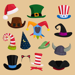 Different funny hats for party, holidays and masquerade vector.