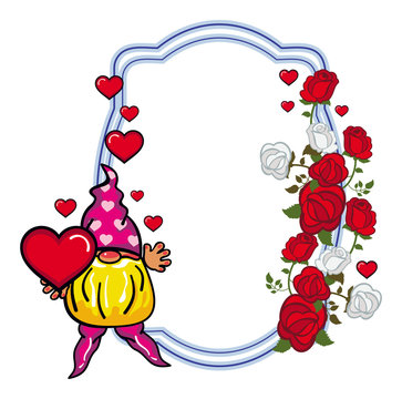 Oval label with roses and cute gnome holding heart. Vector clip art.