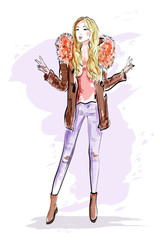 Cute blonde hair girl in fashion clothes. Sketch woman. Vector illustration.