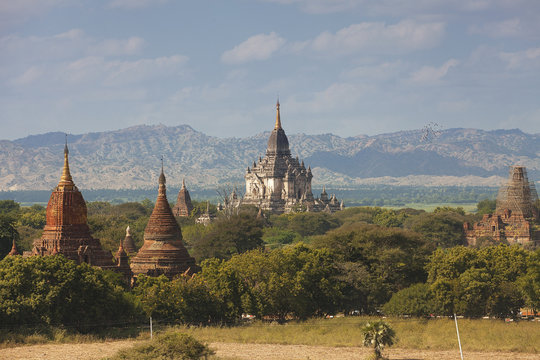 Ancient temples in Bagan, Myanmar on a sunny day 