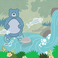 An animated brown bear fishing for salmon in a river with a water fall.
