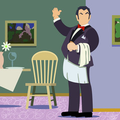 Restaurant waiter/greeter presenting a table. A chair sits open and waiting for you ,the customer.
