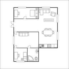 building plan with furniture, isolated on white background,