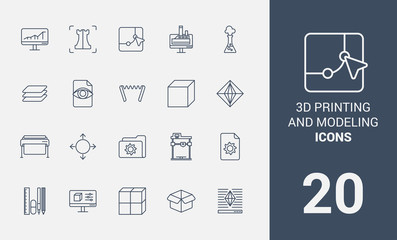3D printing and modeling line icons set