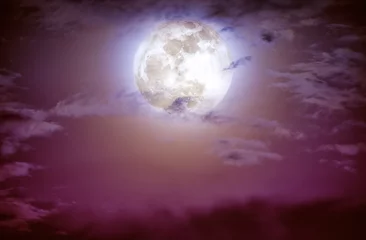 Fotobehang Volle maan en bomen Nachtelijke hemel met wolken en heldere volle maan.