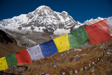Annapurna I (8,091m) with prayer flag from Annapurna base camp ,Nepal.