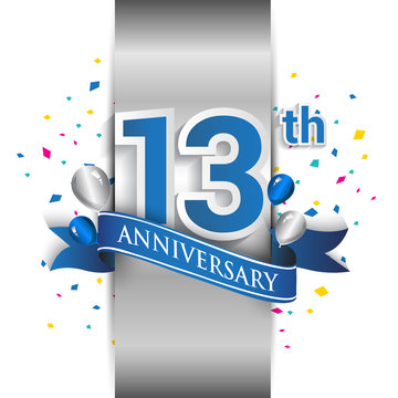 13th anniversary logo with silver label and blue ribbon, balloons, confetti. 13 Years birthday Celebration Design for party, and invitation card