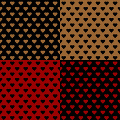 Set seamless background with hearts. Multicolored seamless background - red, black, gold. Vector seamless backgrounds