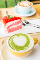 milk hot green tea and coffee shop and cake strawberry cake