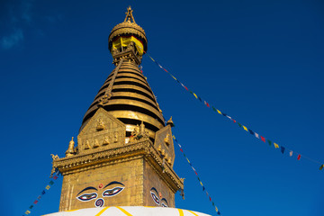 Eyes of Buddha. Wisdom eyes of Buddha in Swayambhunath Stupa after the earthquake ,Kathmandu, Nepal.