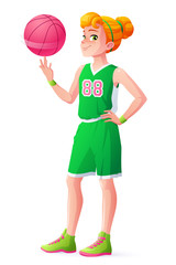 Naklejka premium Vector young redhead basketball player girl spinning ball on finger.