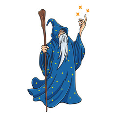 Wizard Cartoon with Blue Clothes Character Design Mascot Vector Illustration - obrazy, fototapety, plakaty