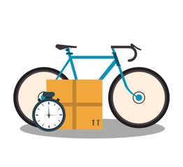 bicycle, carton box and chronometer icon over white background. colorful design. vector illustration