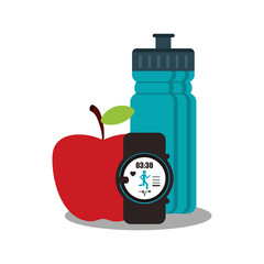 water bottle, sport watch and apple icon over white background. healthy lifestyle concept. colorful design. vector illustration