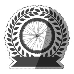 Fototapeta na wymiar sticker motorcycle wheel award in monochrome with olive branch and ribbon with half shaded vector illustration