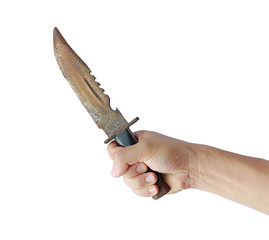 Hand holding rusty old knife with black leather handle isolated on a white background