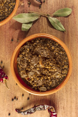 Lentil stew, shot from above, with bay leaves