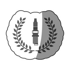 spark plug monochrome sticker with olive branch and half shaded vector illustration