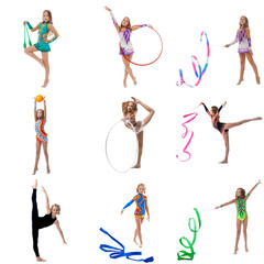 Set collection of junior gymnast girl on white
