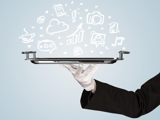 Waiter holding tray with media icons