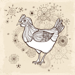 Fototapeta na wymiar Hand drawn vector vintage card with chicken