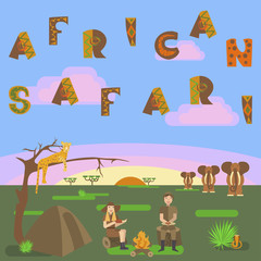 African safari concept with animals, leopard, elephant, cobra. Flat isolated eps10 vector illustration. Eco tourism