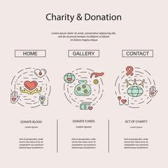 Charity and donation concept set for web banners, printed materials, infographics, websites. Creative icons in thin line flat design. Vector illustration eps10