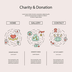 Obraz premium Charity and donation concept set for web banners, printed materials, infographics, websites. Creative icons in thin line flat design. Vector illustration eps10