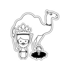 dotted sticker the wise men with jesus baby vector illustration