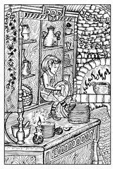 Brownie, gnome or house spirit. Engraved fantasy illustration