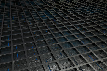 Futuristic technological or industrial background made from brushed metal grate with glowing lines and elements