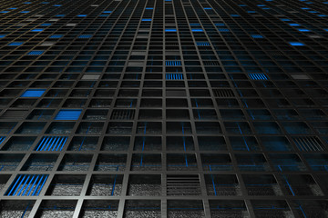 Futuristic technological or industrial background made from brushed metal grate with glowing lines and elements