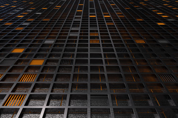 Futuristic technological or industrial background made from brushed metal grate with glowing lines and elements
