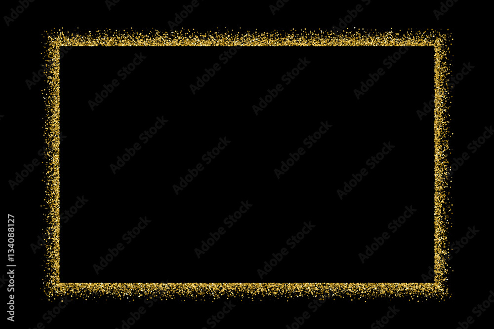 Wall mural Gold frame glitter texture isolated on black. Golden color of winners. Gilded abstract particles. Explosion of confetti shine. Celebratory background. Vector illustration,eps 10.