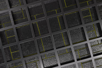 Futuristic technological or industrial background made from brushed metal grate with glowing lines and elements