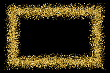 Gold frame glitter texture isolated on black. Golden color of winners. Gilded abstract particles. Explosion of confetti shine. Celebratory background. Vector illustration,eps 10.