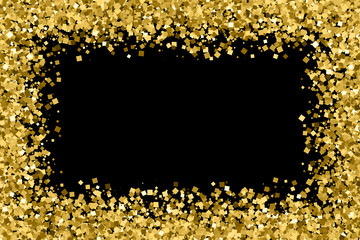Gold frame glitter texture isolated on black. Golden color of winners. Gilded abstract particles. Explosion of confetti shine. Celebratory background. Vector illustration,eps 10.